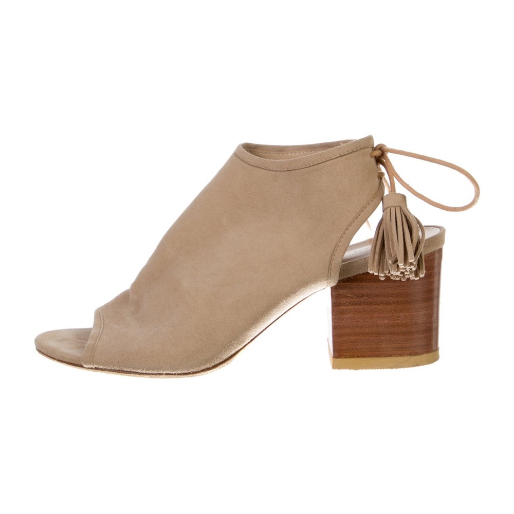 Loeffler Randall. Suede Tassel Accents Peep-Toe Mules. Beige. Size 7.5.